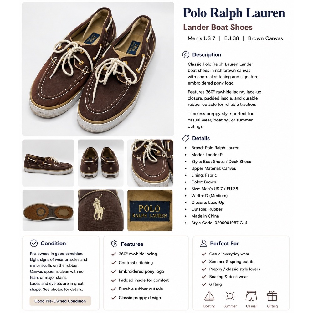 Polo Ralph Lauren Lander P Brown Canvas Boat Shoes Mens 10.5 D Sneakers